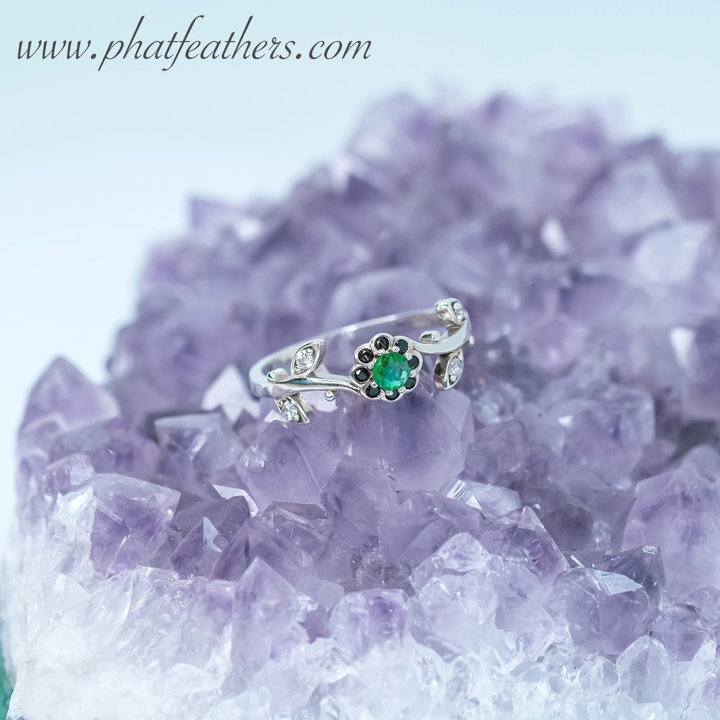 Leafy Emerald & Zircons Ring Size O