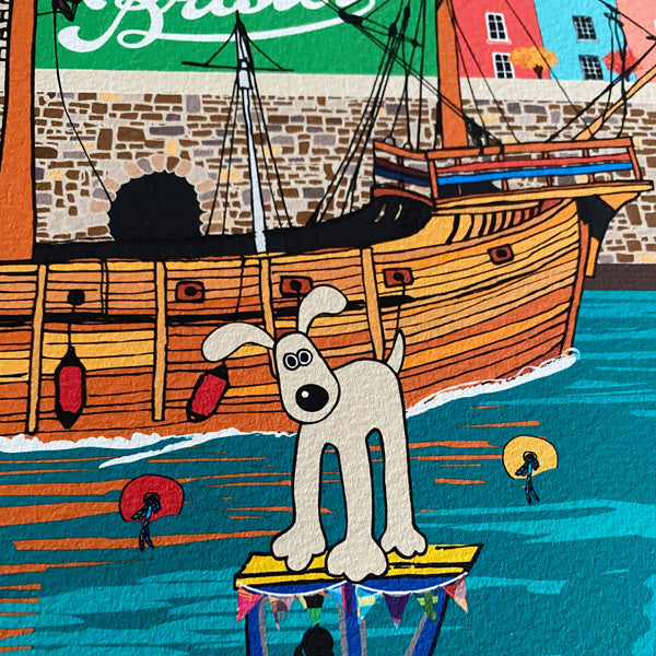Gromit on water with boat